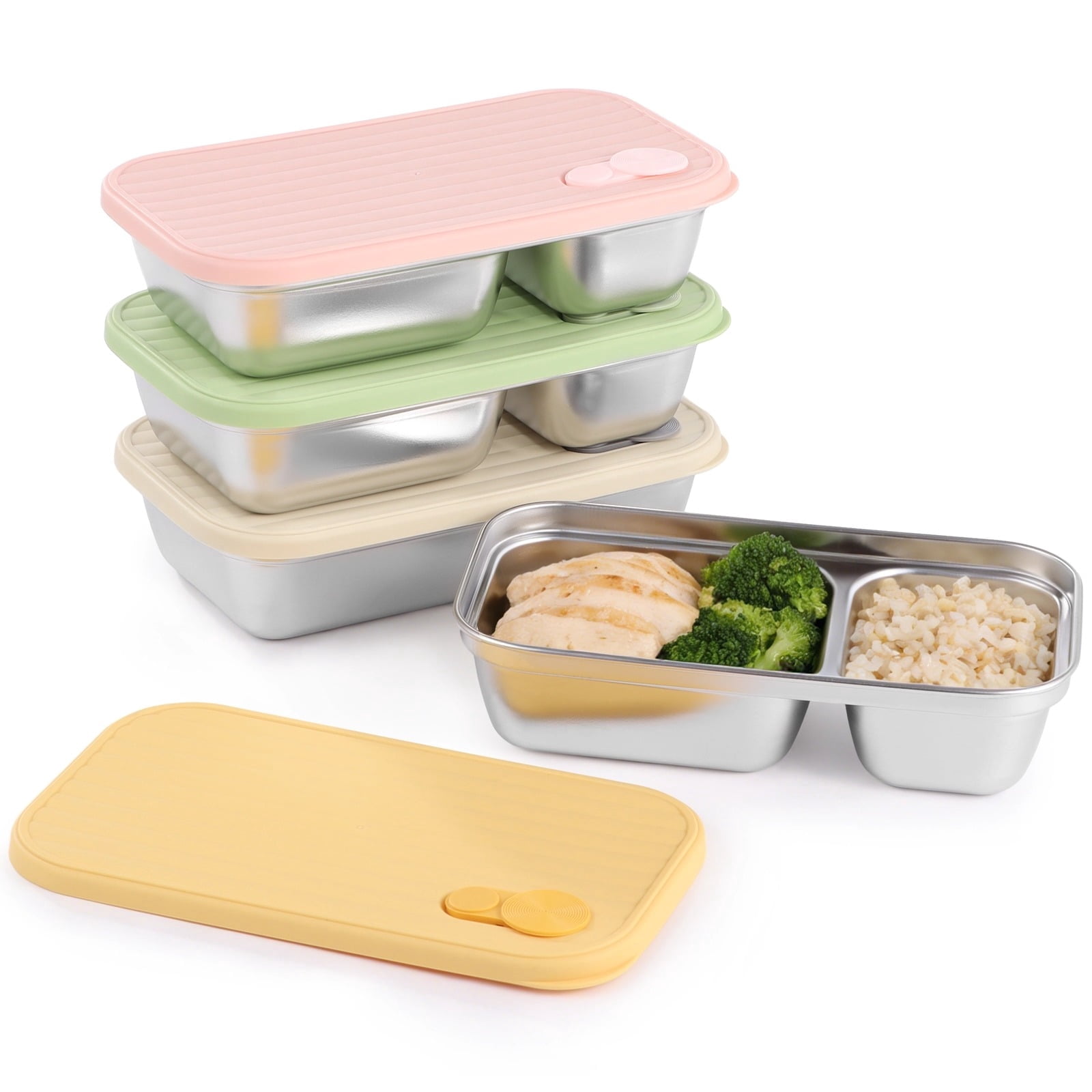 4PCS Stainless Steel Snack Containers, Reusable Food Storage Containers with Lids, 600ml Double Compartment Bento Box for Travel, Camping, Picnic, Dishwasher Safe, 7.5" x 4.3" x 1.8"