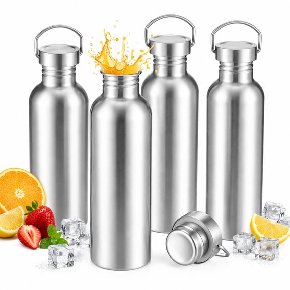 4PCS Stainless Steel Sports Water Bottle, 34oz / 1000 ml Uninsulated Single Walled Drinking Bottle with Handle for Hiking, Gym, Cycling, Camping, Picnic