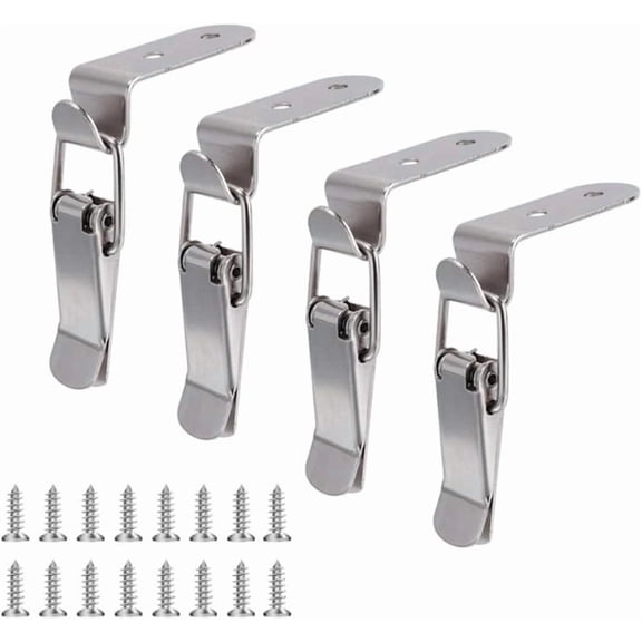 4PCS Stainless Steel Spring Loaded Toggle Locks 90 Degree Toolbox Lid Latch Latch Flat Hook Latch with Mounting Screws Silver for Cabinets Wooden Boxes Toolboxes Drawers