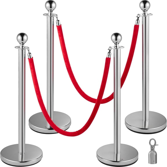 4PCS Stainless Steel Stanchion Posts Queue, Red Velvet Ropes Silver Post, 5FT Rope Barriers Queue Line Crowd Control Barriers for Party Supplies
