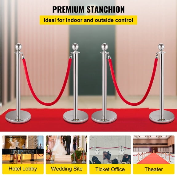 4PCS Stainless Steel Stanchion Posts Queue, Red Velvet Ropes Silver Post, 5FT Rope Barriers Queue Line Crowd Control Barriers for Party Supplies