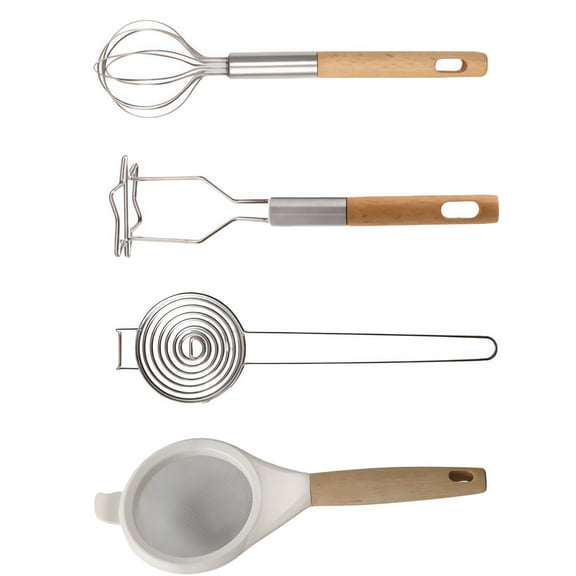4PCS Stainless Steel Star Shaped Potato Masher with Wooden Egg Beater Tool Set
