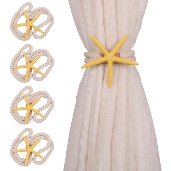 4PCS Starfish Curtain Tiebacks - Hand-Woven Rope Tiebacks for Indoor & Outdoor Decor, Perfect for Coastal Bedroom Curtains & Living Room Window Decor (Yellow)