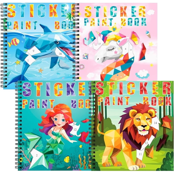 4PCS Sticker for Kids Ages 4-10,Unicorn Mermaid Animals Designs Paint by Stickers,Sticker by Numbers,Party Birthday Gifts for Girls 4-10,Create 40 Pictures at a Time