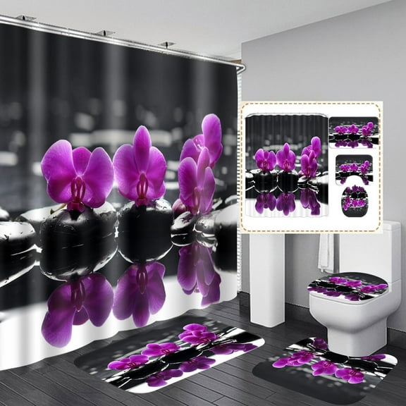 4PCS Stone Flower Shower Curtain Sets with Non-Slip Rugs, Toilet Lid Cover and Bath Mat, Modern Style Water Flower Bath Mat Sets Accessories, Fabric Bathroom Decor Shower Curtains with Hooks