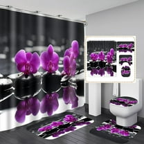 4PCS Stone Flower Shower Curtain Sets with Non-Slip Rugs, Toilet Lid Cover and Bath Mat, Modern Style Water Flower Bath Mat Sets Accessories, Fabric Bathroom Decor Shower Curtains with Hooks