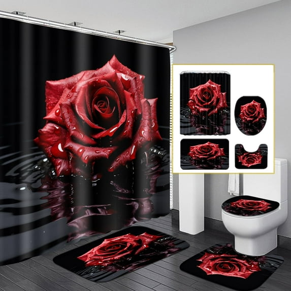 4PCS Stone Flower Shower Curtain Sets with Non-Slip Rugs, Toilet Lid Cover and Bath Mat, Modern Style Water Flower Bath Mat Sets Accessories, Fabric Bathroom Decor Shower Curtains with Hooks