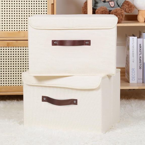 4PCS Storage Bins with Lid PU Leather Handles Storage Boxes PP Plastic Board Decorative Foldable Lidded Cotton Linen Fabric Home Cubes Baskets Closet Organizer Containers - Beige, Large Size