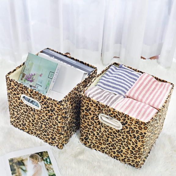 4PCS Storage Cubes Leopard Cheetah Print Velvet Fabric Storage Bins for Shelves, Collapsible Washable Closet Storage Baskets Boxes with Handles for Organizing and Storage -Brown, 11"x 11"x 11"