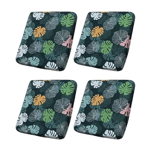 4PCS Stretch Printed Patio Seat Cushion Slipcover, Waterproof Elastic Outdoor Furniture Cushion Cover, Floral Leaf Pattern Washable Protector for Garden Metal Rattan Chair Cushions 27.56x25.2 Inch