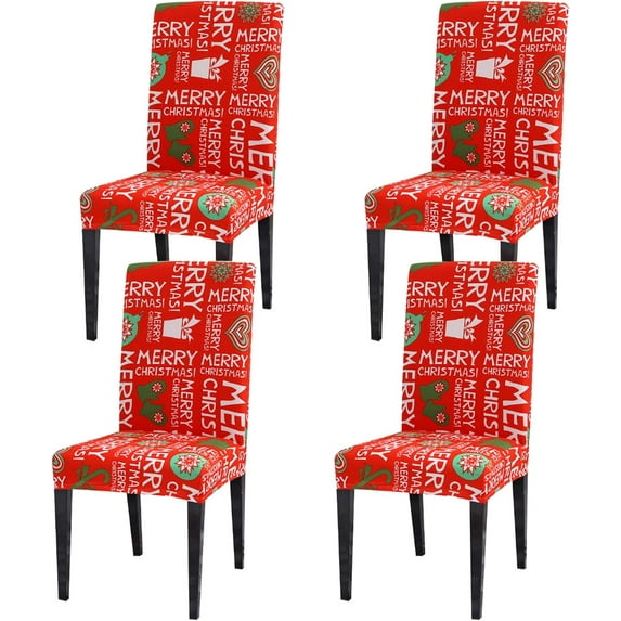 4PCS Stretch Removable Washable Dining Room Chair Protector Slipcovers Christmas Decoration/Home Decor Dining Room Seat Cover (Christmas-A) (Vermilion)