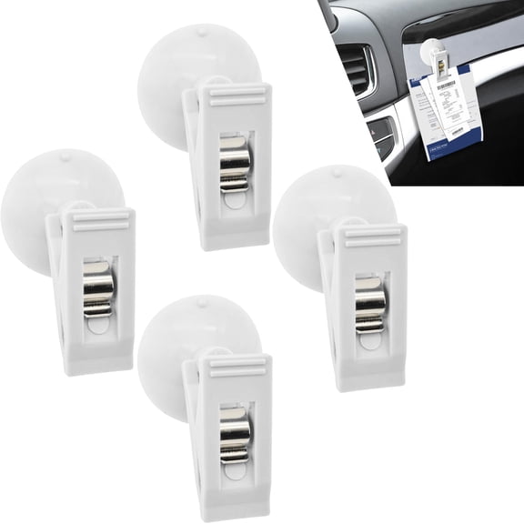 4PCS Suction Cup Card Bill Clip, Visor Accessories, Car Sun Shade Window Reusable Strong Metal Ticket Paper Towel Clamp, Car Portable Bill Holder for Auto Business Office Home (White)