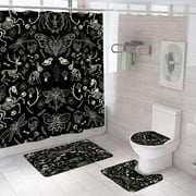 4PCS Sugar Skull Pink Floral Shower Curtain Sets with Rugs, Waterproof Fabric Black Shower Curtain, Aesthetic Hydrangea Rose Flower Plant Leaves Goth Spooky Skeleton Death Moth Bathroom Decor