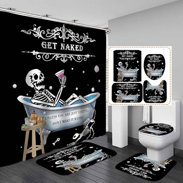 4PCS Sugar Skull Shower Curtain Set, Colorful Floral Skeleton Gothic