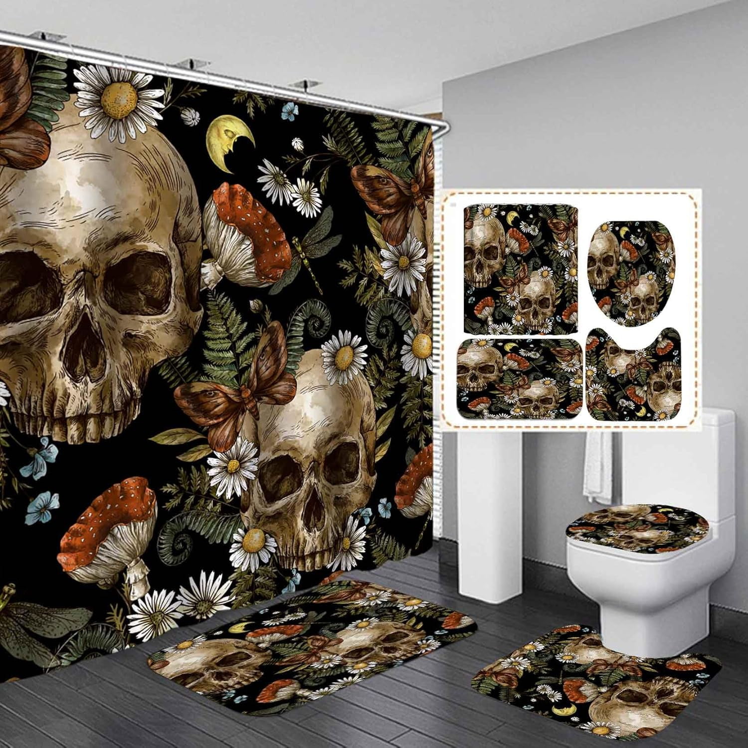 4PCS Sugar Skull Shower Curtain Set, Red Rose Floral Flower Spider