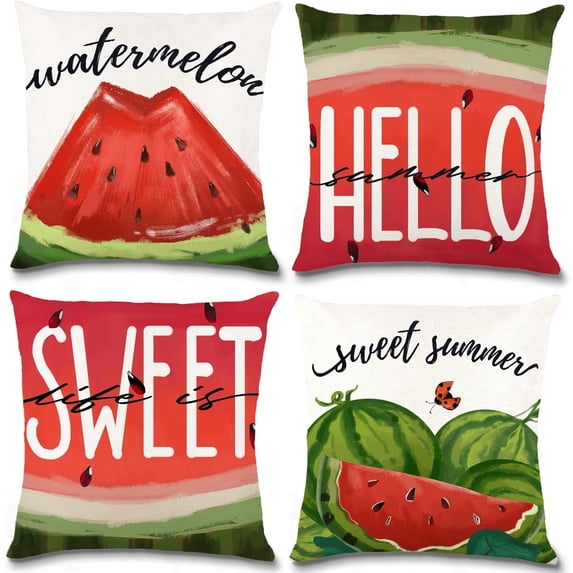 4PCS Summer Pillow Covers 18x18 Inch Watermelon Sweet Summer Throw Pillow Covers Hello Summer Pillow Cases Decorative Cushion for Farmhouse Holiday Home Couch Sofa
