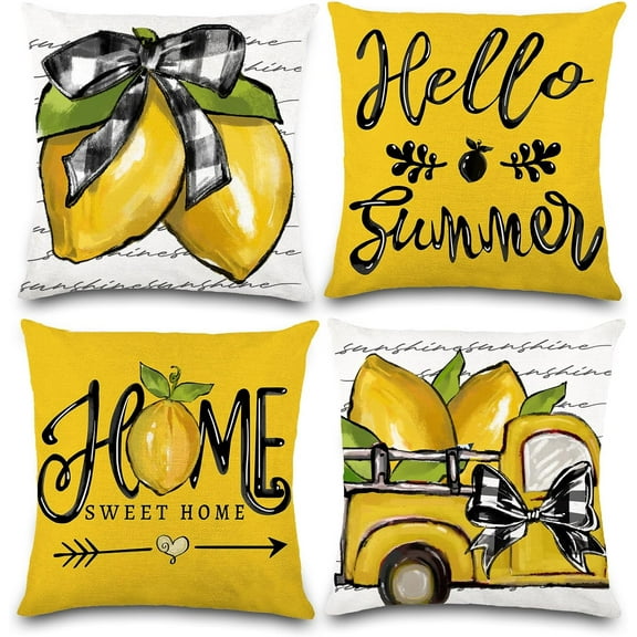 4PCS Summer Pillow Covers 18x18 inch Hello Summer Throw Pillow Covers Yellow Lemon Truck Pillow Cases Sweet Home Decor Cushion for Holiday Farmhouse Home Sofa Couch