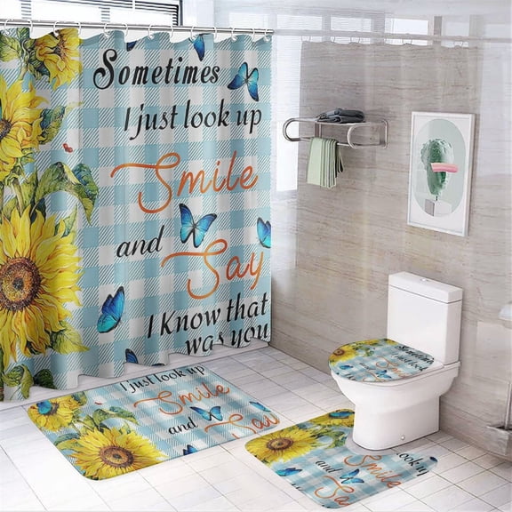 4PCS Sunflower Bathroom Sets Inspirational Quotes Flower Bathroom Curtains Set with Non-Slip Rug Toilet Lid Cover and Bath Mat