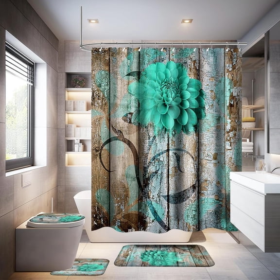 4PCS Sunflower Shower Curtain Set with Non-Slip Rugs, Toilet Lid Cover and Bath Mat, Bath Shower Curtain Set with 12 Hooks, Waterproof Washable Bathroom Decor Set (Sunflower)