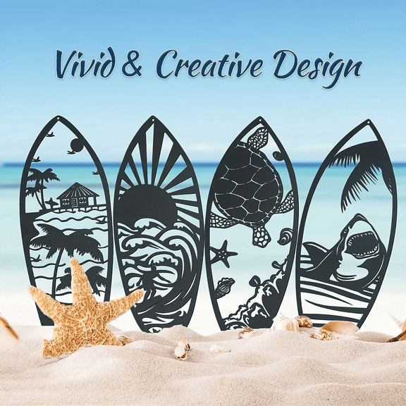 4PCS Surfboard Metal Wall Art - Ocean Themed Home Decor, Marine Mural Craft Metal Wall Sculpture Suitable for Modern Home Decor Home Decor Room Decor Waterproof Rust Proof and Durable Wall Decor