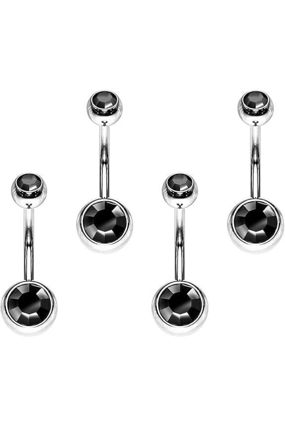 4PCS Surgical Steel Assorted Colors External Threaded 14G Curved Barbell Belly Ring Double Jeweled CZ Navel Ring