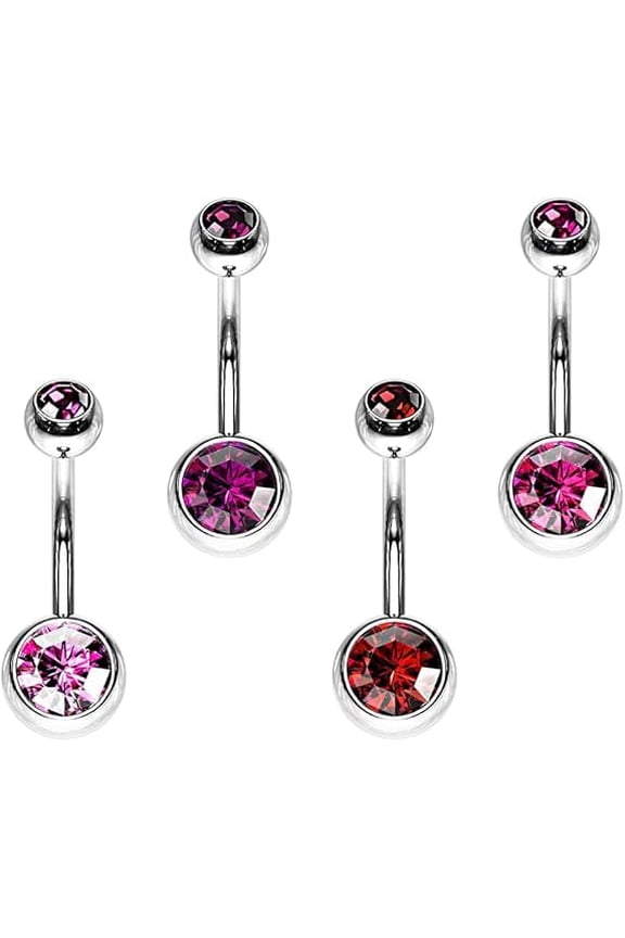 4PCS Surgical Steel Assorted Colors External Threaded 14G Curved Barbell Belly Rings 10mm 11mm 12mm Belly Button Rings Double Jeweled CZ Navel Rings Body Piercing Jewelry
