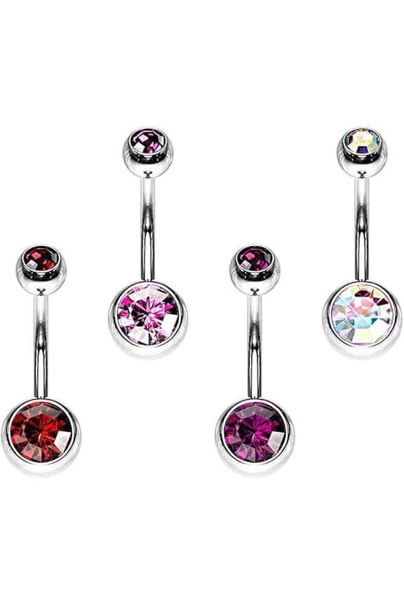 4PCS Surgical Steel Assorted Colors External Threaded 14G Curved Barbell Belly Rings 10mm 11mm 12mm Belly Button Rings Double Jeweled CZ Navel Rings Body Piercing Jewelry
