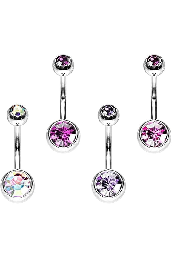4PCS Surgical Steel Assorted Colors External Threaded 14G Curved Barbell Belly Rings 10mm 11mm 12mm Belly Button Rings Double Jeweled CZ Navel Rings Body Piercing Jewelry