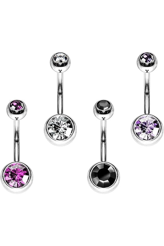 4PCS Surgical Steel Assorted Colors External Threaded 14G Curved Barbell Belly Rings 10mm 11mm 12mm Belly Button Rings Double Jeweled CZ Navel Rings Body Piercing Jewelry