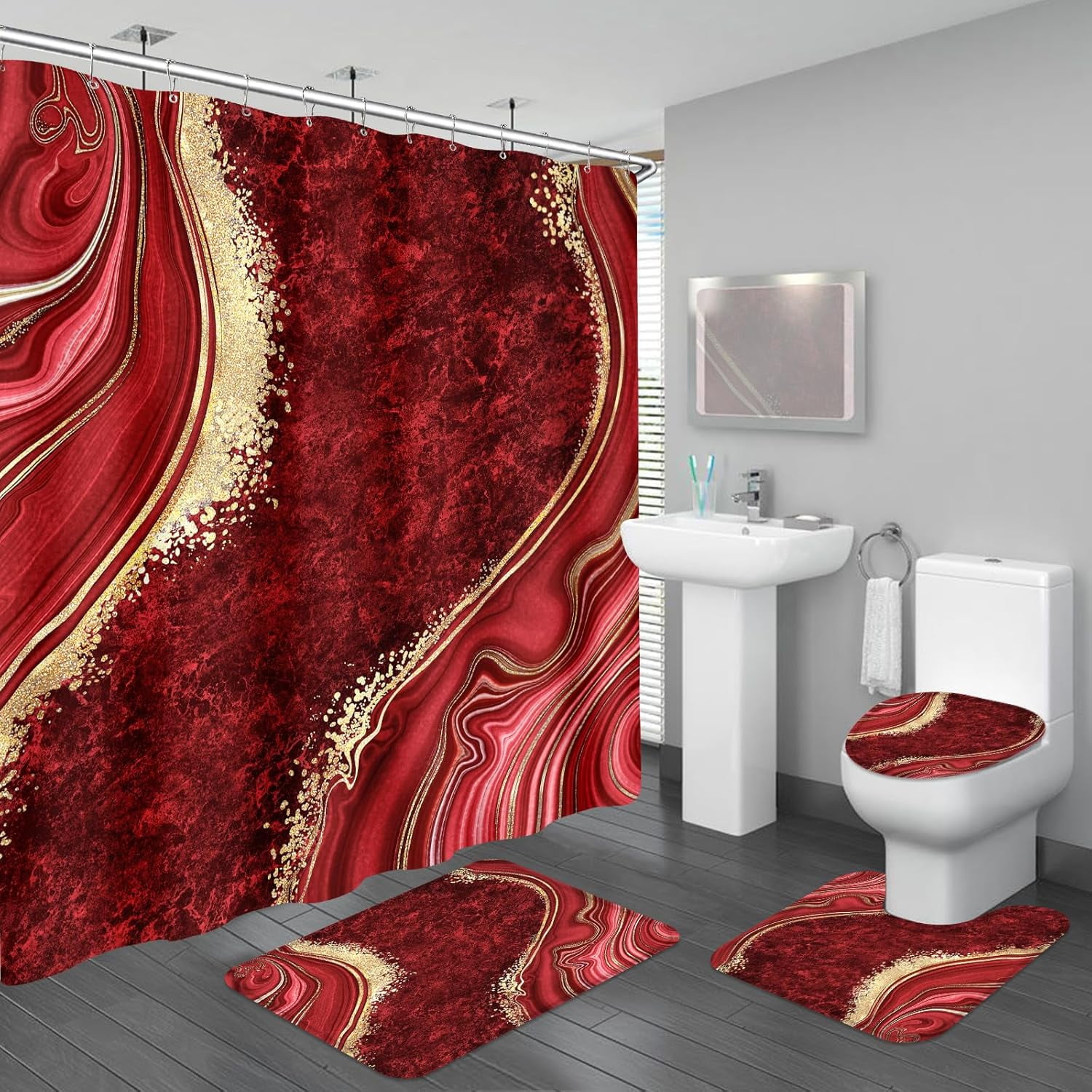 4PCS Teal Blue Gold Marble Bathroom Sets with Shower Curtain and Rugs ...