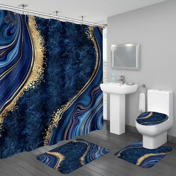 4PCS Teal Blue Gold Marble Bathroom Sets with Shower Curtain and Rugs, Abstract Gold Shower Curtain Sets with Rugs for Bathroom, Modern Bathroom Curtains Shower Set Accessories