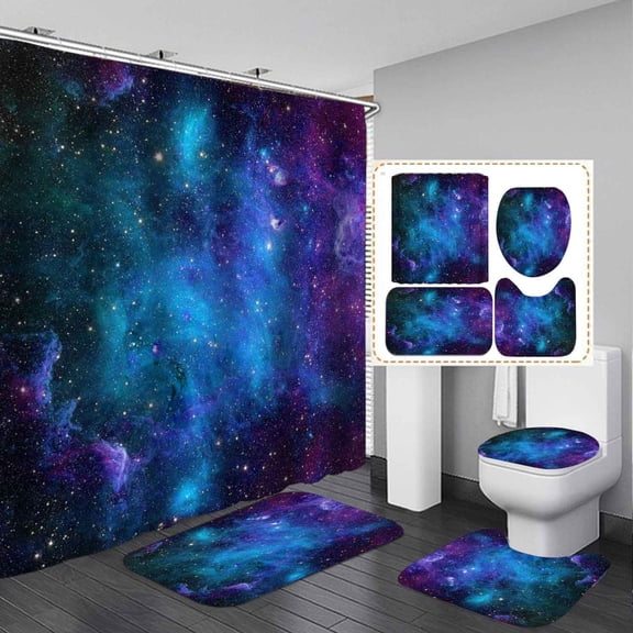 4PCS Teal Blue Purple Galaxy Shower Curtain Set, Waterproof Fabric Shower Curtain, Non-Slip Bath Mat Bathroom Rugs, Fantasy Starry Sky Universe Outer Space Nebula Planet Galaxy Bathroom Decor