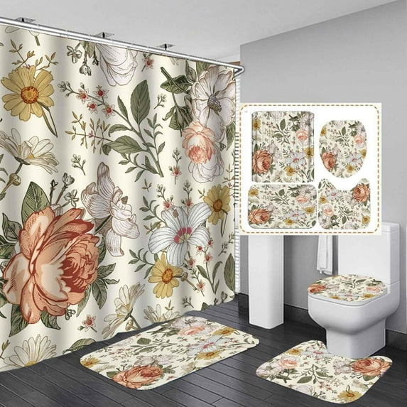 4PCS Teal Dahlia Shower Curtain Set, Blooming Floral Funny Quotes Plant Leaves Turquoise Flower Bathroom Decor, Waterproof Fabric White Shower Curtain, Non-Slip Bath Mat Bathroom Rugs
