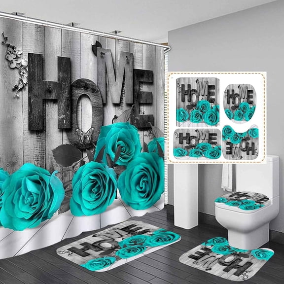 4PCS Teal Dahlia Shower Curtain Set, Blooming Floral Funny Quotes Plant Leaves Turquoise Flower Bathroom Decor, Waterproof Fabric White Shower Curtain, Non-Slip Bath Mat Bathroom Rugs