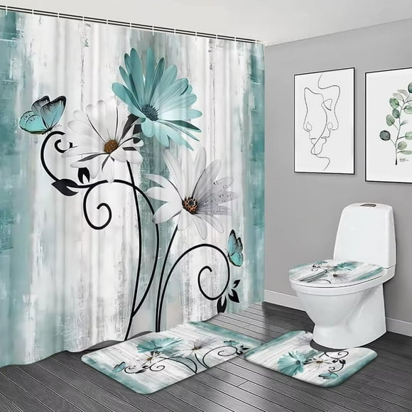 4PCS Teal Daisy Country Farmhouse Shower Curtain Set with Shower Curtain and Carpet and Accessories, Waterproof Bathroom Shower Curtain Decorative Set with 12 pcs Hooks,71 x 71in
