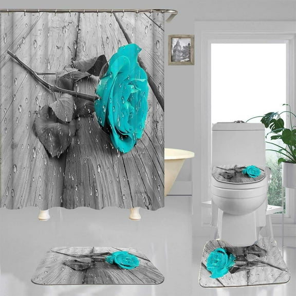 4PCS Teal Rose Shower Curtain Set, Raindrops Turquoise Flower Country Grey Wooden Board Romantic Rustic Modern Farmhouse Bathroom Decor, Fabric Shower Curtain Non-slip Bath Mat Toilet Rug