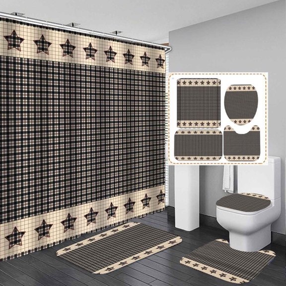 4PCS Texas Star Western Shower Curtain Set, Waterproof Fabric Shower Curtain, Non-Slip Bath Mat Bathroom Rugs, Retro Beige Black Buffalo Plaid Primitive Country Rustic Farmhouse Bathroom Decor