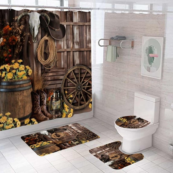 4PCS Texas Star Western Shower Curtain Set, Waterproof Fabric Shower Curtain, Non-Slip Bath Mat Bathroom Rugs, Retro Beige Black Buffalo Plaid Primitive Country Rustic Farmhouse Bathroom Decor