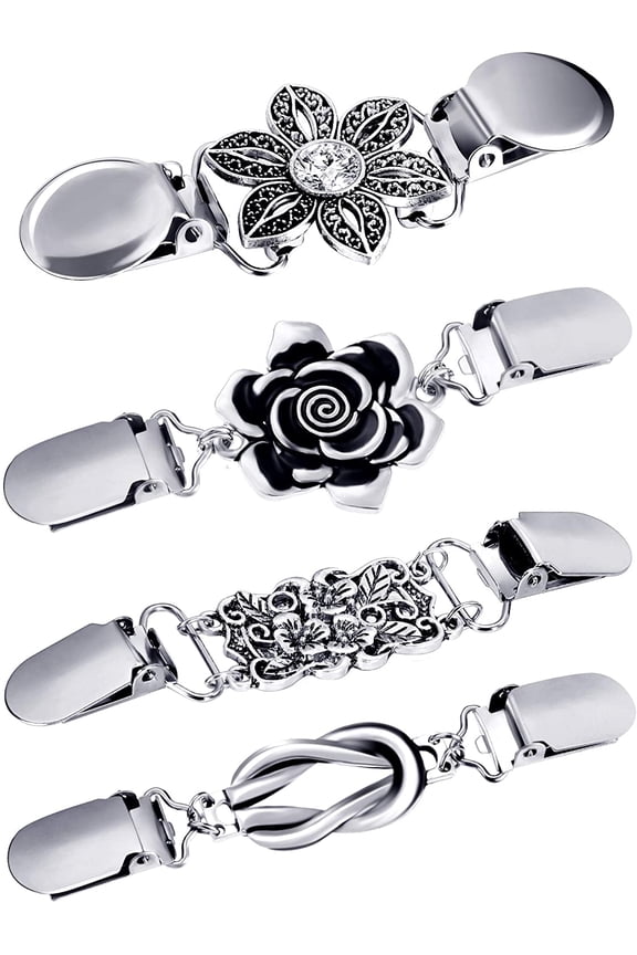 4PCS Tie Up Sweater Clip and Scarf Clip Set, Vintage Cinch Clip for Clothing, Shawl Clasps, Ladies Dress Chain Cardigan for Women