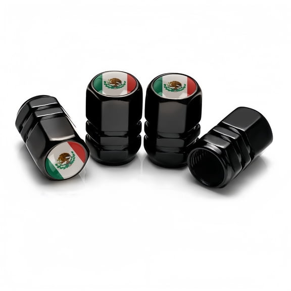 4PCS Tire Valve Stem Caps Compatible with Flag of Mexico Black Metal Auto Accessories, Tire Valve Cap Set, Corrosion Resistant, Universal Stem Covers for Trucks Motorcycles SUVs Bike