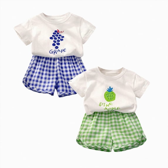 4PCS Toddler Girl Back to School Clothes Fruits Plaid Doll Collar Puff Sleeve Tops Ruffled Shorts Set Infant Summer Outfit Girls Two Piece Outfits Summer