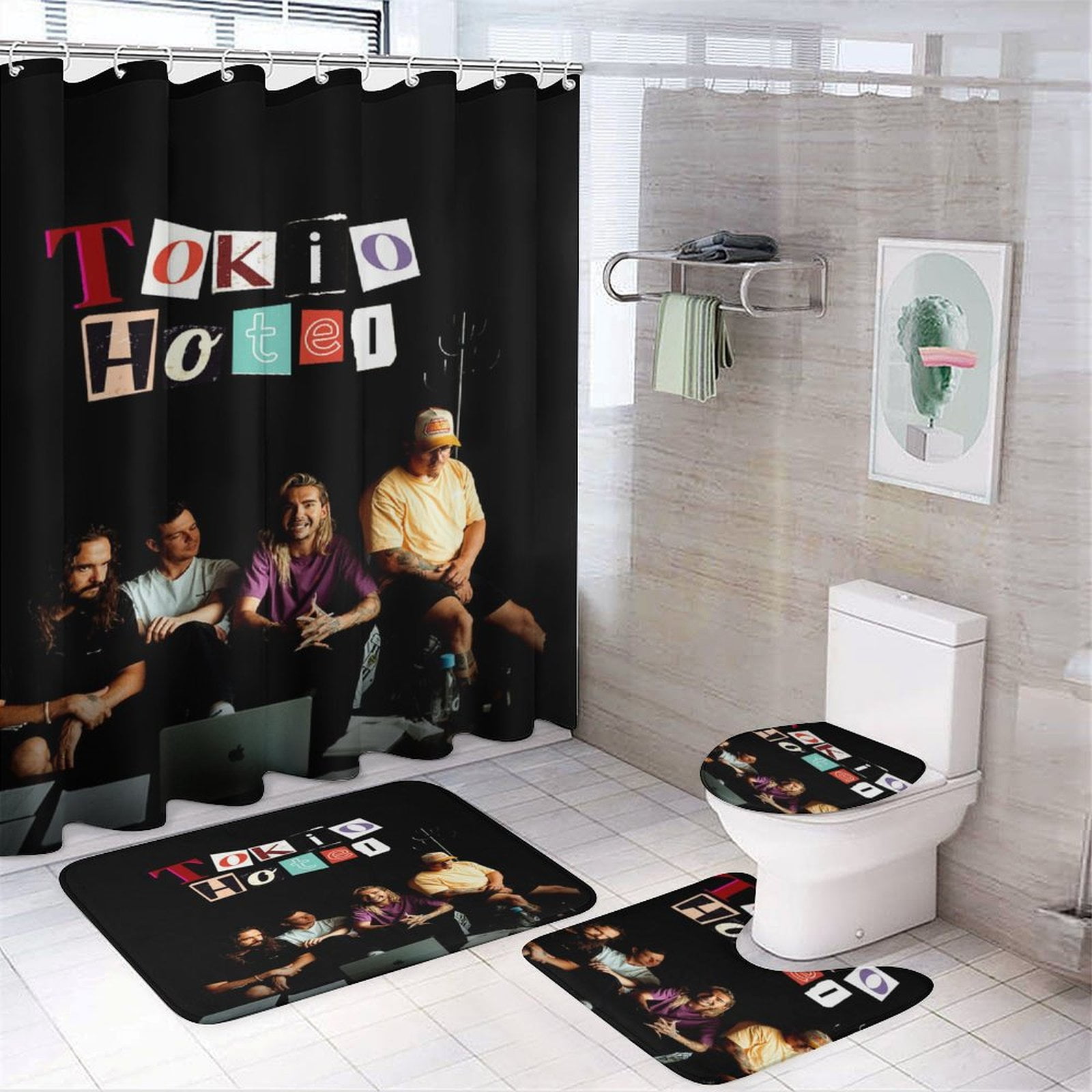 4PCS Tokio Hotel Shower Curtain Sets Bathroom Sets with Shower Curtain