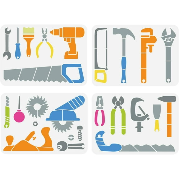 4PCS Tool Painting Stencil 8.3x11.7inch Large Hammer Wrench Pliers Drawing Template Reusable Wrench Screwdriver Saw Stencil for DIY Painting Daily Theme Template for DIY Wall Floor Decoration