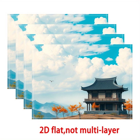 4PCS Traditional Chinese Landscape Pattern Placemats-Blue Sky White Clouds Pagoda & Cherry Blossom Table Mats,for Dining Table, Kitchen,Party,Indoor,Holiday,Dinner Parties And Home Decor,12X18 Inch