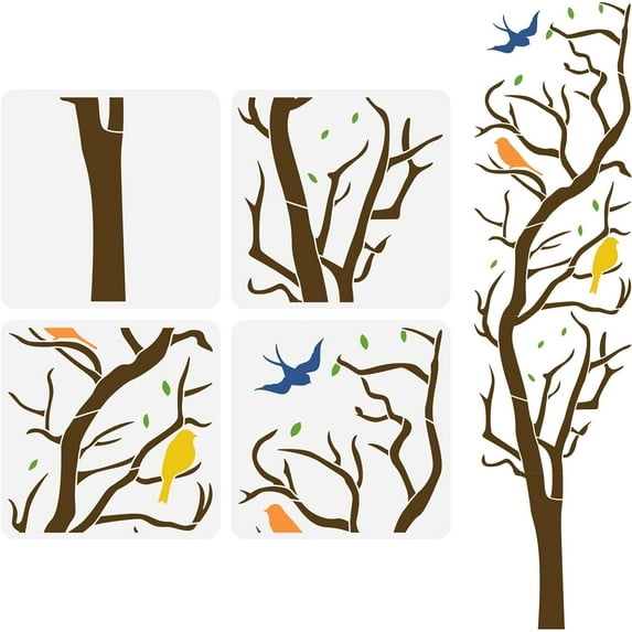 4PCS Tree of Life Painting Stencil 11.8x11.8 inch Reusable Tree Branches Drawing Template Layered Large Life Tree Stencil Decorative Bird Tree Pattern Stencil for Painting on Wood Wall