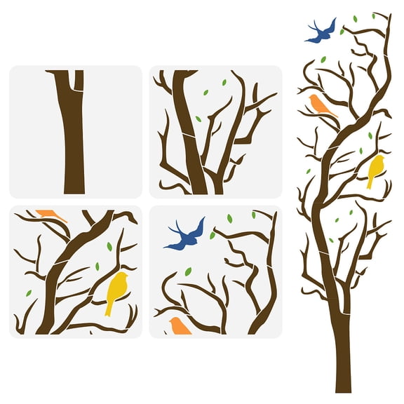 4PCS Tree of Life Painting Stencil 11.8x11.8 inch Reusable Tree Branches Drawing Template Layered Large Life Tree Stencil Decorative Bird