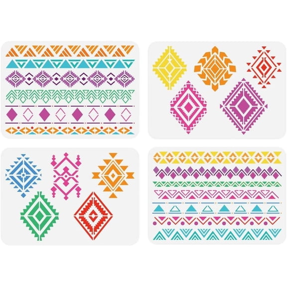 4PCS Tribal Geometric Painting Stencil 8.3x11.7inch Boho Aztec Design Stencil Theme Floral Pattern Template for Painting on Wood Floor Wall Canvas Fabric and Furniture