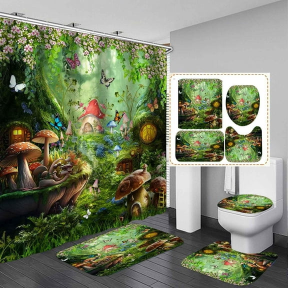 4PCS Trippy Mushroom Skull Shower Curtain Sets with Rugs, Waterproof Fabric Shower Curtain Galaxy Sun and Moon Colorful Fungus Plant Botanical Psychedelic Gothic Hippie Skeleton Bathroom Decor