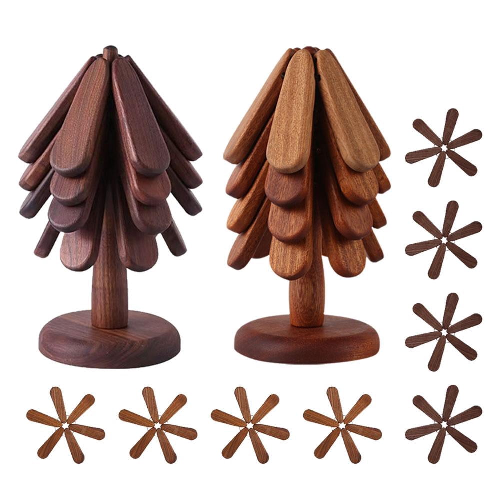 Wooden Tree Coasters & Trivet Set - 3 Or 4 Trivets + Stand, Heat Resistant For Hot Pots, Pans, Dishes, Walnut Finish