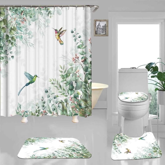 4PCS Tropical Gold Green Palm Leaves Shower Curtain Sets with Rugs, Hummingbird Shower Curtain, Waterproof Fabric White Shower Curtain, Plant Botanical Monstera Leaf Hawaiian Bathroom Decor